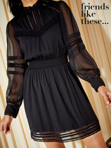 Friends Like These Black Lace Trim Long Sleeve Chiffon Mini Dress (K07535) | € 14