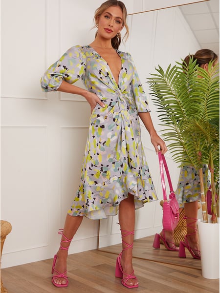 Chi Chi London Silver & Yellow Twist Front Abstract Midi Summer Dress (K08009) | € 21