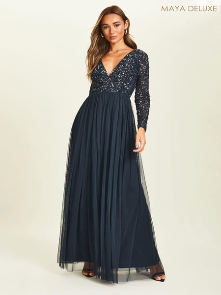 Maya Navy-Blue Wrap Long Sleeve Sequin Maxi Dress (K08298) | € 37