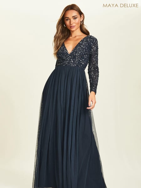 Maya Navy Blue Petite Wrap Long Sleeve Sequin Maxi Dress (K08299) | € 37