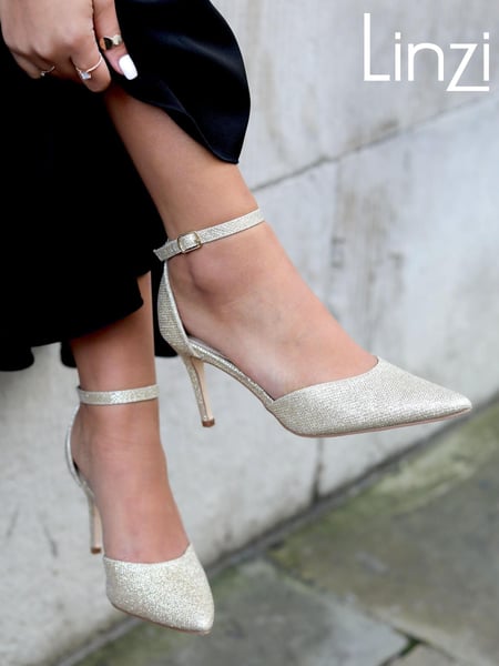 Linzi Gold Glitter Maci Stiletto Court Heel With Ankle Strap (K08670) | € 11