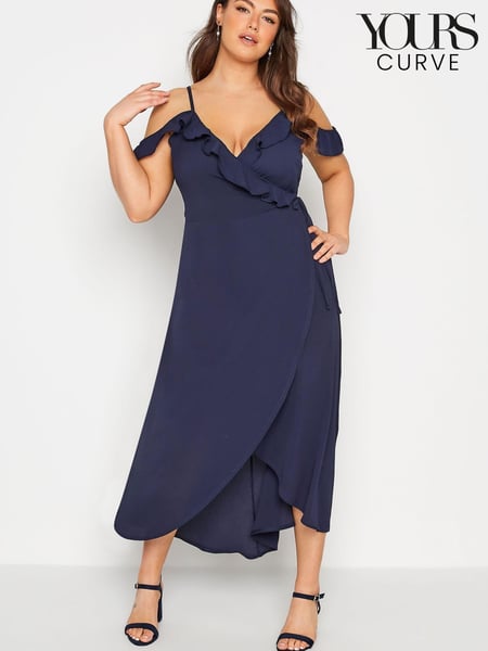 Yours Curve Blue London Ruffle Wrap Cold Shoulder Maxi Dress (K08951) | € 32