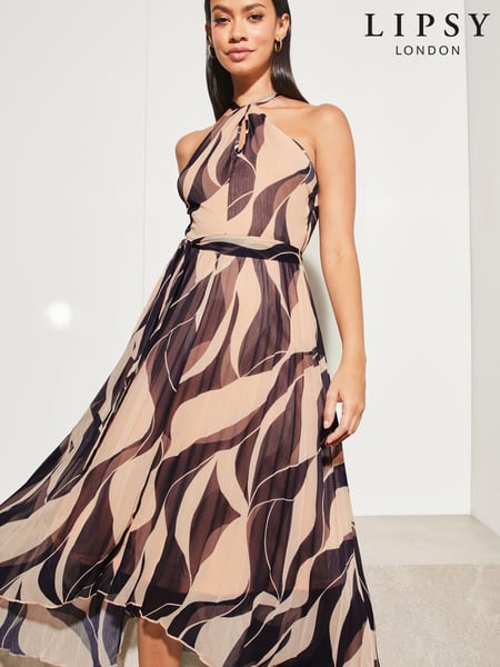 Lipsy Navy/ Blush Wiggle Halterneck Pleated Belted Midi Dress (K09301) | € 25