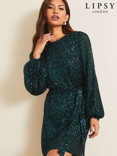 Lipsy Forest Green Regular Sequin Long Sleeve Shift Dress (K14513) | € 44