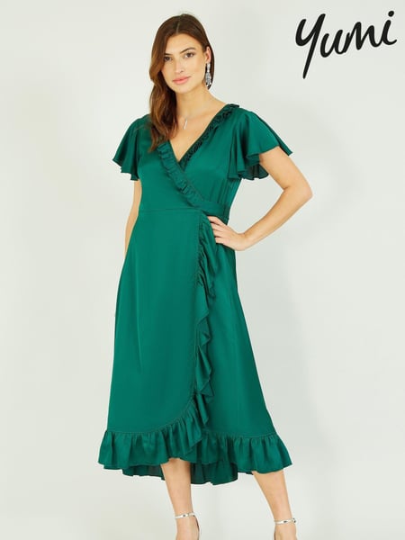 Yumi Green Satin Wrap Midi Dress (K16665) | € 47