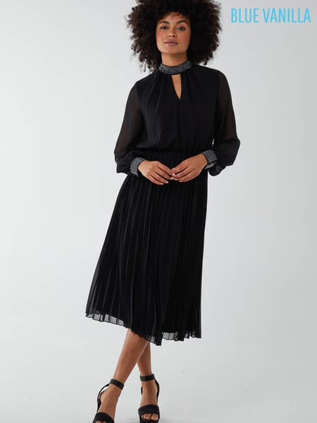 Blue Vanilla Black Diamante Collar Pleated Skirt Midi Dress (K18167) | € 32