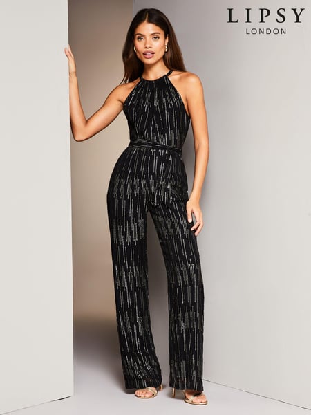 Lipsy Black Petite Metallic Halter Neck Jumpsuit (K20995) | € 21