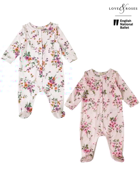 Love & Roses Pink/White Floral Baby 2 Pack Printed Ruffle Sleepsuit (K22700) | € 28 - € 29
