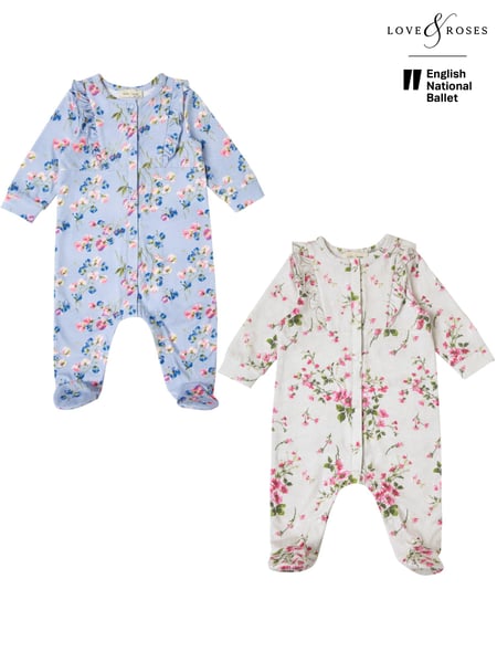 Love & Roses Blue/Grey Floral Baby 2 Pack Printed Ruffle Sleepsuit (K22703) | € 28 - € 29