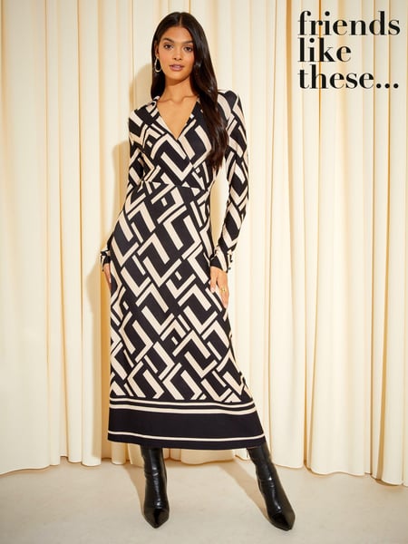 Friends Like These Black/White Long Sleeve Jersey Wrap Midi Dress (K25851) | € 16