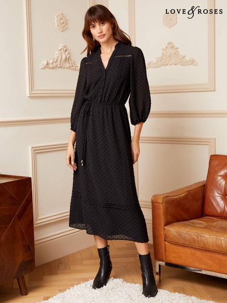 Love & Roses Black 3/4 Sleeve Dobby Lace Trim Midi Dress (K25938) | € 18