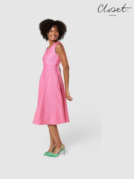 Closet Pink V Neck Full Skirt Dress (K31133) | € 64