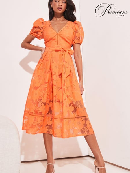 Lipsy Orange Petite Premium V Neck Belted Lace Short Puff Sleeve Midi Dress (K33364) | € 77