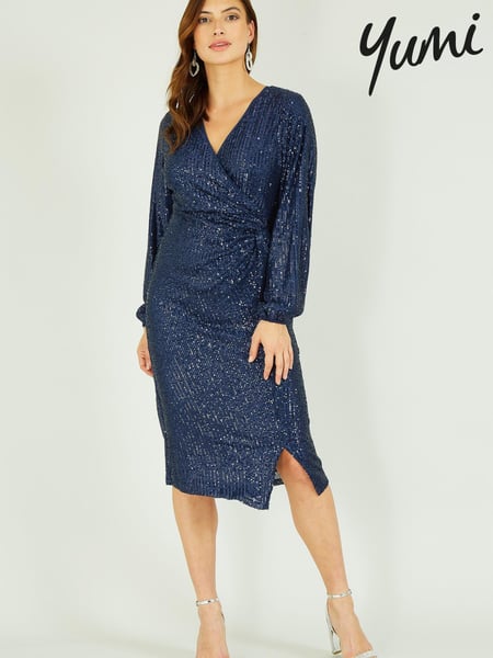 Yumi Navy Blue Sequin Long Sleeve Ruched Wrap Dress (K35926) | € 50