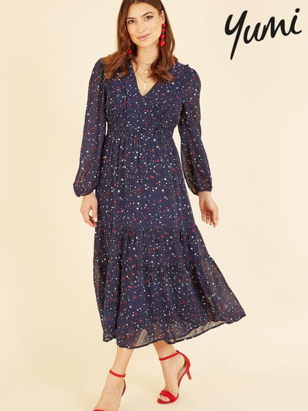 Yumi Navy Blue Star Print Long Sleeve Midi Dress (K35967) | € 18