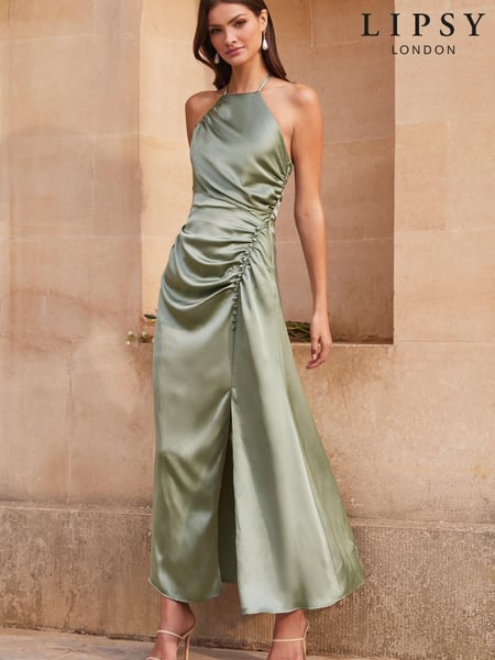 Lipsy Green Ciara Satin Split Halter Bridesmaid Maxi Dress (K36921) | € 29