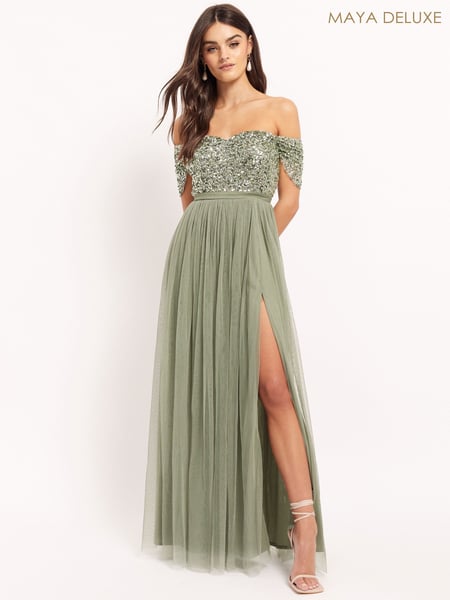 Maya Sage Green Bardot Delicate Sequin Tulle Maxi Dress with Split (K38643) | € 32