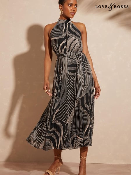Love & Roses Black Linear Printed Halter Pleated Belted Midi Dress (K39842) | € 43