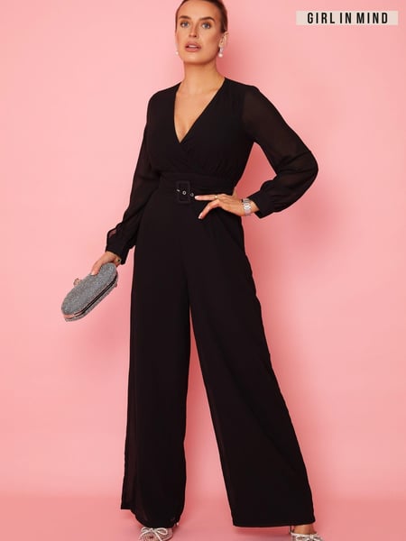 Girl In Mind Black Petite Lola Long Sleeve Belted Wide Leg Wrap Jumpsuit (K42437) | € 32