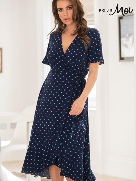 Pour Moi Navy Blue/ Aqua Megan Slinky Recycled Stretch Frill Detail Midi Wrap Dress (K43274) | € 15