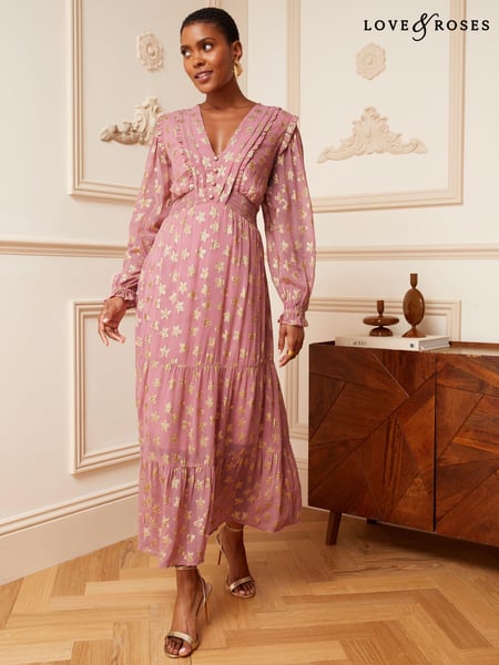 Love & Roses Pink Star Metallic V Neck Ruffle Long Sleeve Midi Summer Dress (K43914) | € 20