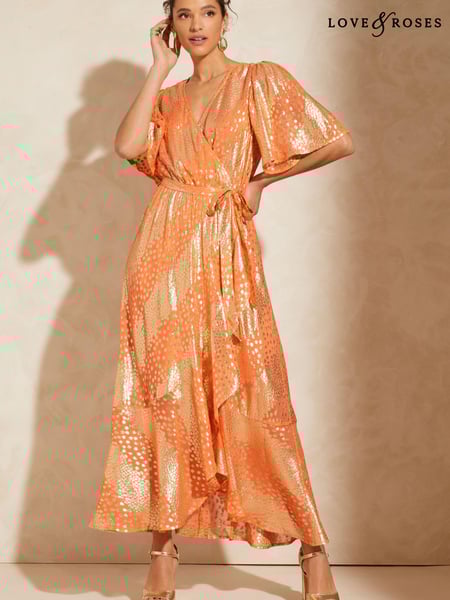 Love & Roses Orange Metallic Flutter Sleeve Wrap Tiered Midi Dress (K43918) | € 49