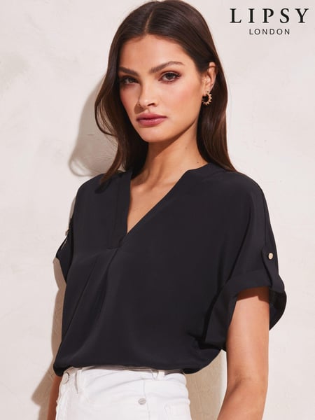 Lipsy Black Utility V Neck Short Roll Sleeve Top (K45142) | € 44