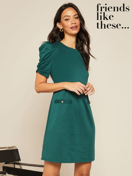 Friends Like These Green Short Puff Sleeve Round Neck Shift Dress (K45768) | € 24