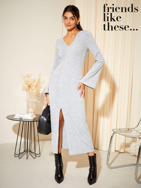 Friends Like These Grey Soft Touch Rib V Neck Knit Midi Dress (K45780) | € 11