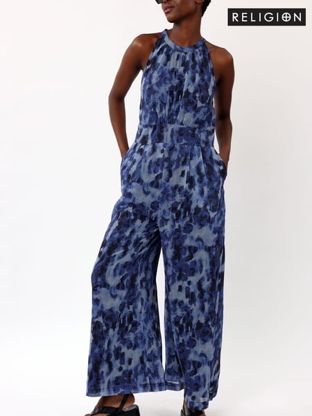 Religion Blue Halterneck Printed Jumpsuit With Wide Leg Trousers (K48566) | € 36
