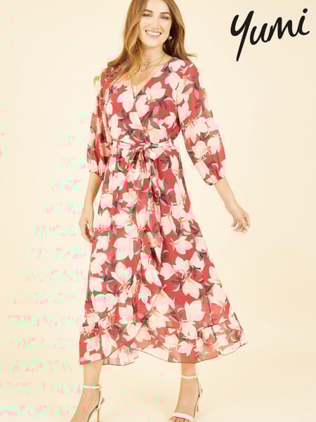 Yumi Red Multi Blossom Wrap Midi Dress With 3/4 Sleeves (K49090) | € 50