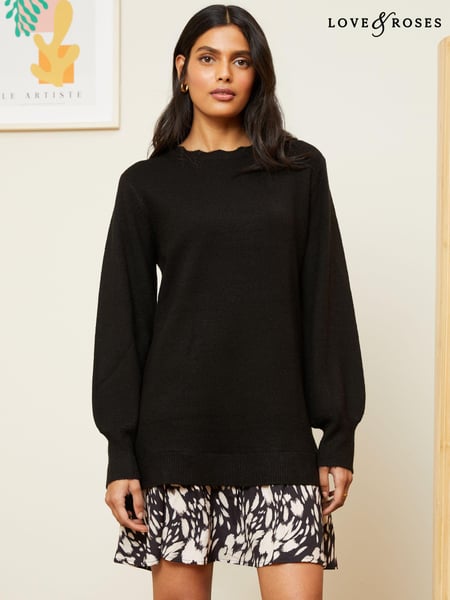 Love & Roses Black Woven Hem Long Sleeve Knitted Jumper Dress (K49641) | € 21