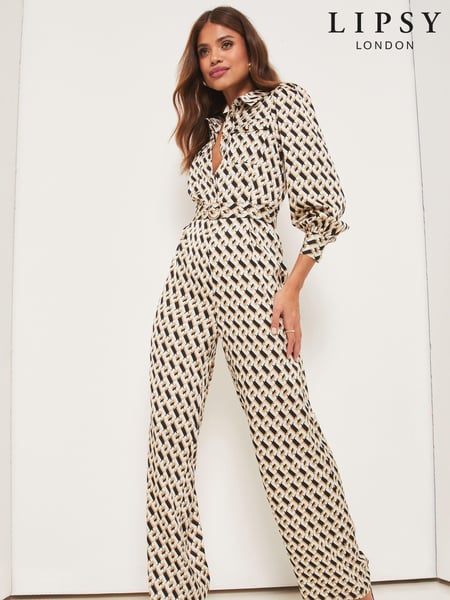 Lipsy Black Petite Belted Shirt Style Long Sleeve Summer Wide Leg Jumpsuit (K51812) | € 16