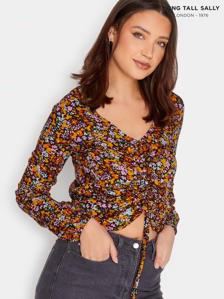 Long Tall Sally Black Ditsy Floral Print Ruched Long Sleeve Top (K52012) | € 15