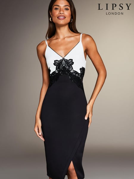 Lipsy Black/White Lace Sequin Applique Bodycon Dress (K52552) | € 23