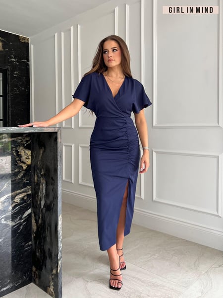 Girl In Mind Navy Blue Priscilla Wrap Over Ruched Detail Midi Dress (K53104) | € 14
