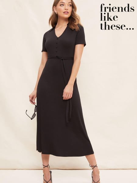 Friends Like These Black Collared Short Sleeve Buttoned Jersey Belted Shirt Dress (K54886) | € 10
