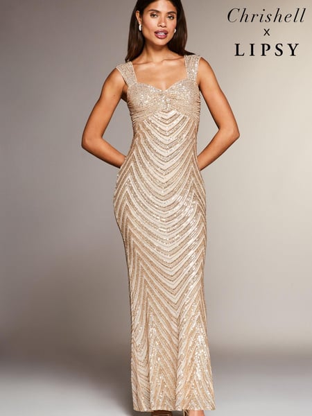 Lipsy Gold Petite Premium Placed Sequin Ruched Bust Maxi Dress (K56741) | € 45