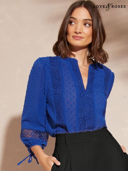Love & Roses Cobalt Blue Ruffle Neck Lace Trim Tie Cuff 3/4 Sleeve Dobby Spot Blouse (K57671) | € 15