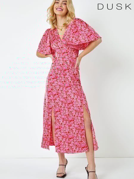 Dusk Red & Pink Ditsy Floral Satin Midi Dress (K58817) | € 20