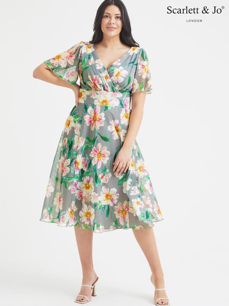 Scarlett & Jo Grey Pink Floral Victoria Angel Sleeve Mesh Midi Dress (K59259) | € 26
