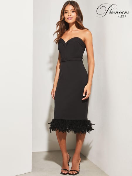 Lipsy Black Premium Sweetheart Detachable Feather Hem Midi Dress (K60602) | € 37