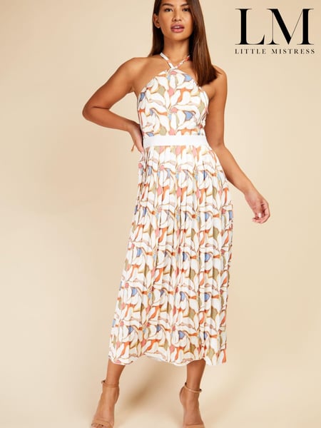 Little Mistress White Multi Print Halter Neck Pleat Midaxi Dress (K61395) | € 24