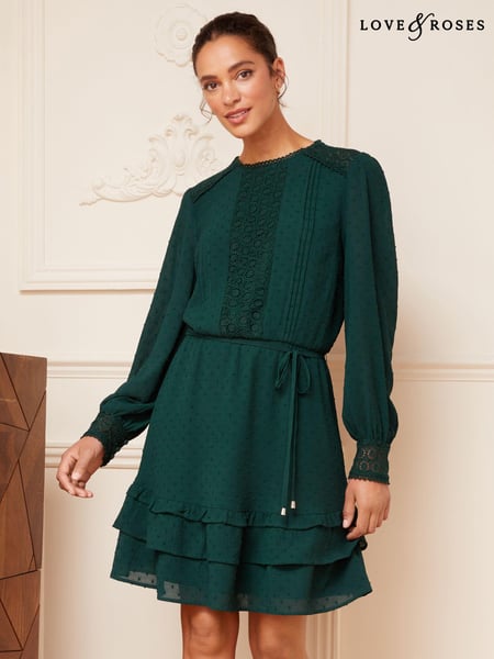 Love & Roses Green Printed Belted Long Sleeve Skater Dress (K63274) | € 16