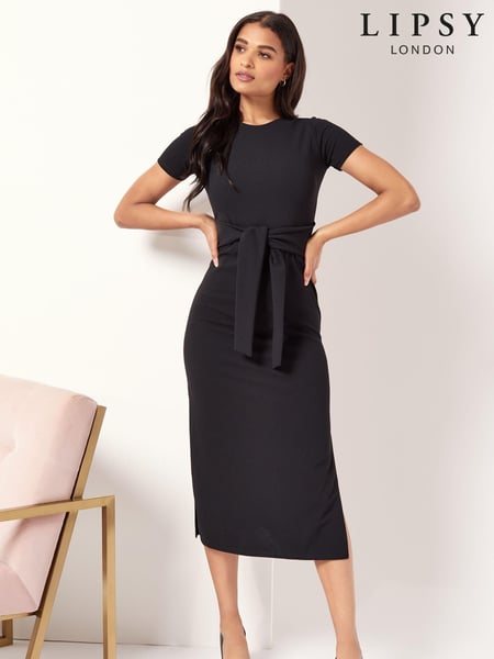 Lipsy Black Petite Short Sleeve Belted Bodycon Midi Dress (K64258) | € 11