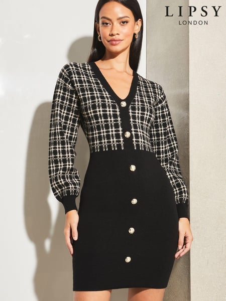 Lipsy Black/White 2 in 1 Check Button Through Knitted Dress (K65311) | € 16