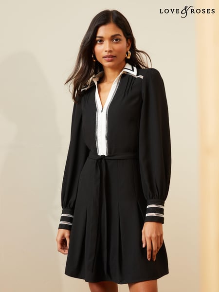 Love & Roses Black and White Contrast Detail Zip Belted Mini Dress (K65785) | € 17