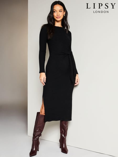 Lipsy Black Crew Neck Cosy Long Sleeve Tie Side Jersey Midi Jumper Dress (K65844) | € 14