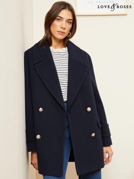 Love & Roses Navy Blue Petite Double Breasted Peacoat (K66970) | € 27