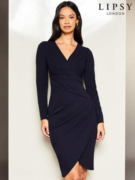 Lipsy Navy Blue Long Sleeve Wrap Gathered Waist Midi Dress (K67771) | € 14